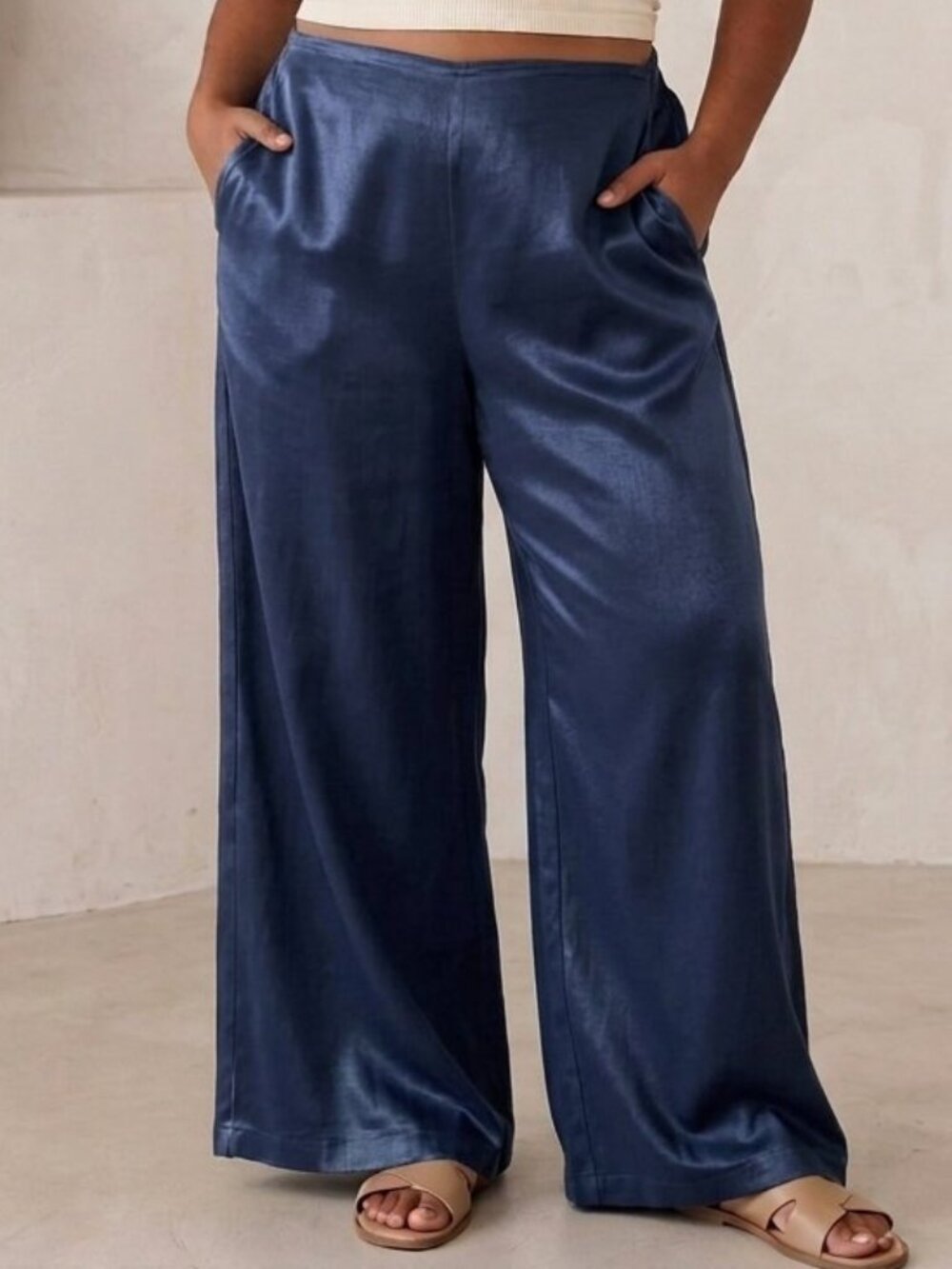 NWT Worthington Pull on Elastic Waist Wide Leg Blue Satin Sheen Pant Size XL